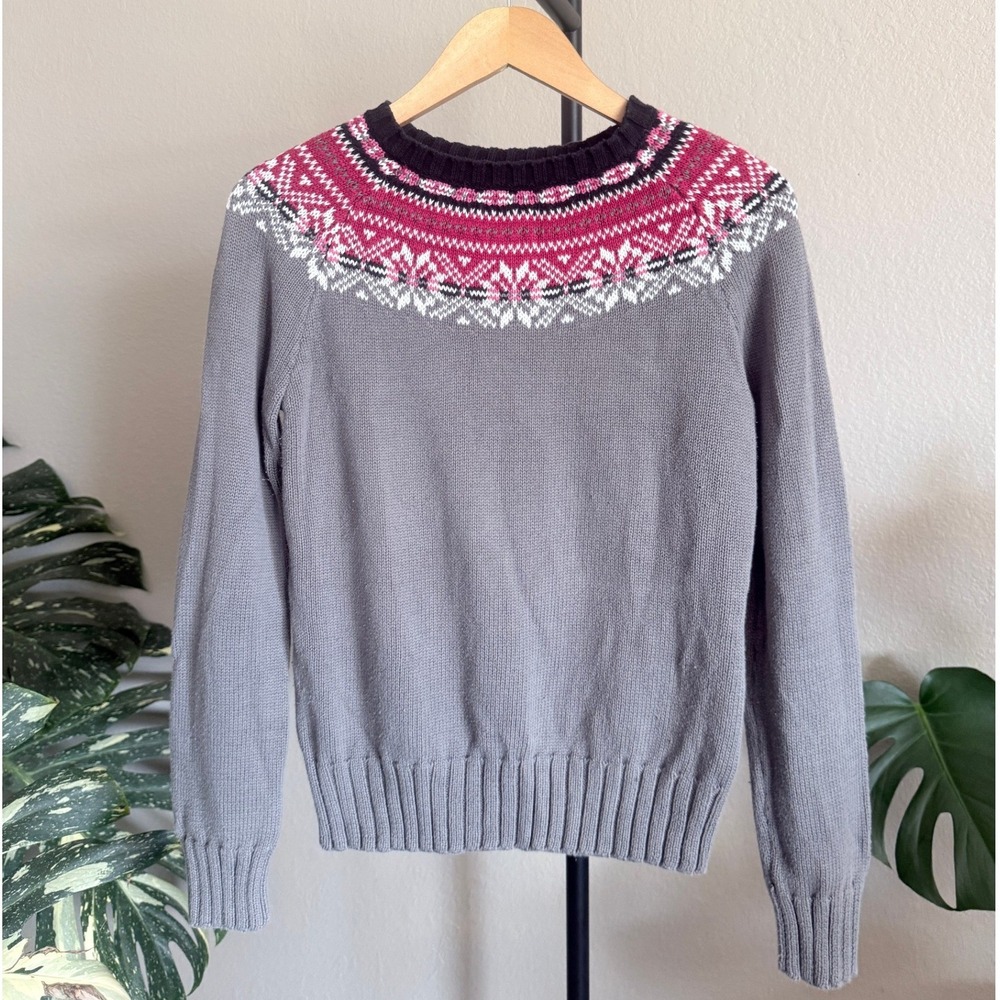 GH Bass Women Medium Gray Pink Fair Isle Cotton Knit Crew Neck Sweater